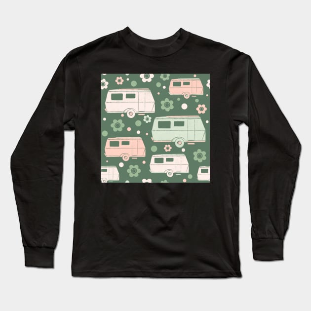 Green And Pink Vintage Caravans and Flowers Pattern Long Sleeve T-Shirt by NattyDesigns